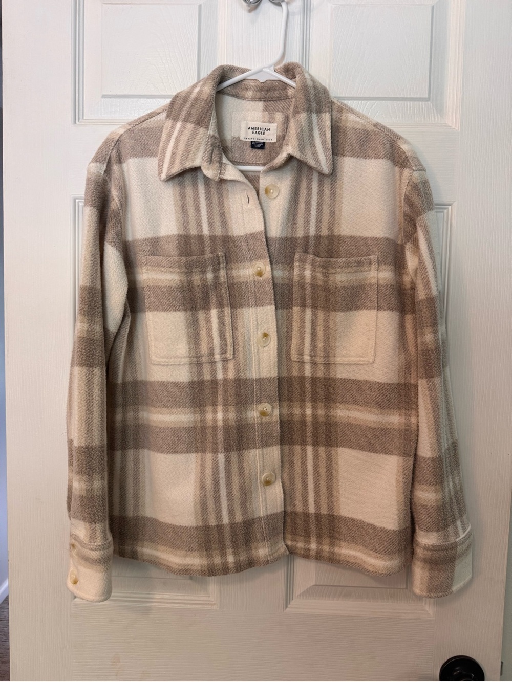 American Eagle Outfitters Cream and Taupe Plaid Button-Front Shacket